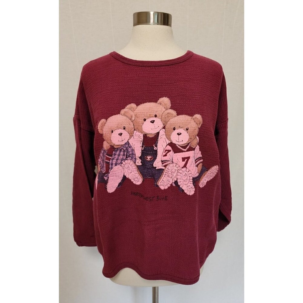 Womens 90s Vintage Kawaii Teddy Bears Graphic Print Long Sleeve Shirt One Size